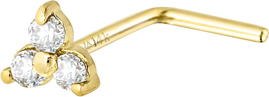 22G Solid 14K Gold 3-Stone 0.030ctw Diamond Nose Stud - Nose Bone/L-Shape/Nose Screw Stud Nose Ring - April Birthstone Nose Stud