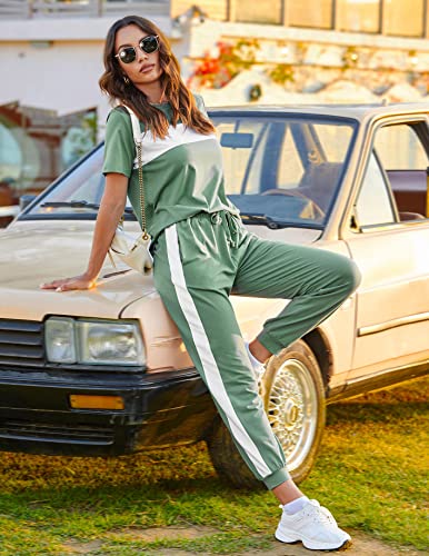 Hotouch Sweatsuits For Women Set Summer 2 Piece Pants Outfits Short Sleeve Casual Jogger Loungewear,White-Green Xl #TOP2