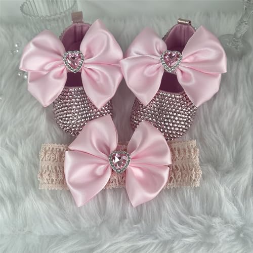 Pink Sparkle Rhinestone Flat Soft Soled Heart Crystal Shape Bowknot Decorate Newborn Baby Shoes2