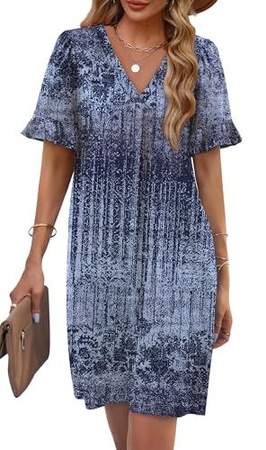 Image of OFEEFAN Summer Dresses for Women Ruffle Short Sleeve V Neck Casual Shift Dress with Pockets