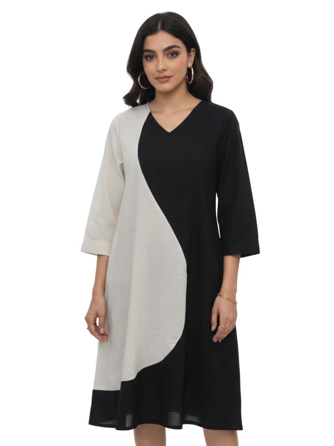 Women's Black & Ivory Colorblocked Cotton Linen V-Neck A-Line Midi Dress | 3/4 Cuffed Sleeves, Side Pocket | Casual Day Wear, Office-picture-37