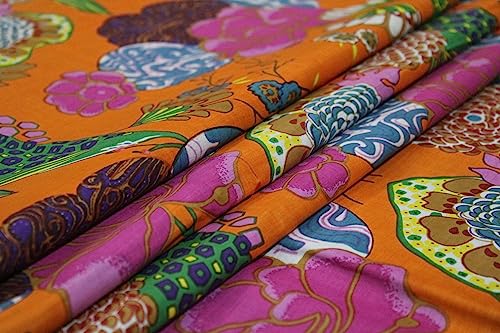 Image of Indian Hand-Block Printed Jaipuri Fruit Print Floral Ethnic Sanganer Kurti Print Cotton Fabric (20 Yards, Orange Fruit)