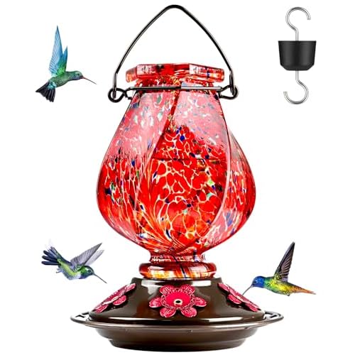 BOLITE Hummingbird Feeder, Hand Blown Glass Hummingbird Feeders for Outdoors Hanging with Ant Moat, 5 Bee-Proof Ports, Leak-Proof, 360° Perch, 22oz, Red, Gifts for Women Men, Gifts for Mom D