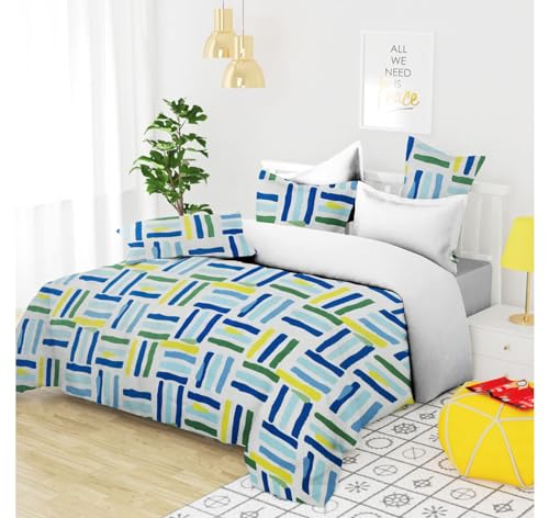 Image of Glace Cotton Printed King Size Double Bed Elastic Fitted Bedsheet with 2 Pillow Cover (Modern Line)