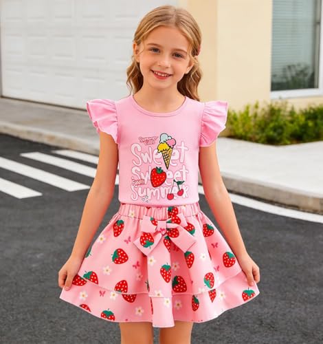 Image of Girls Skirt Set 2 Piece Outfit Toddler Summer Clothes Ruffle Sleeve T-Shirt Bow Knot Tutu Skirt Outfit Set