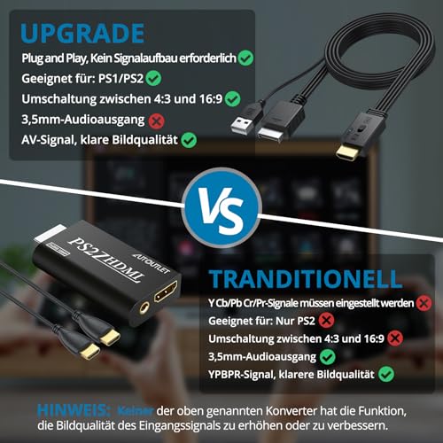 AUTOUTLET PS1/PS2 auf HDMI Adapter, Echt Plug & Play, 4:3/16:9 Umschalter – Ansicht 6