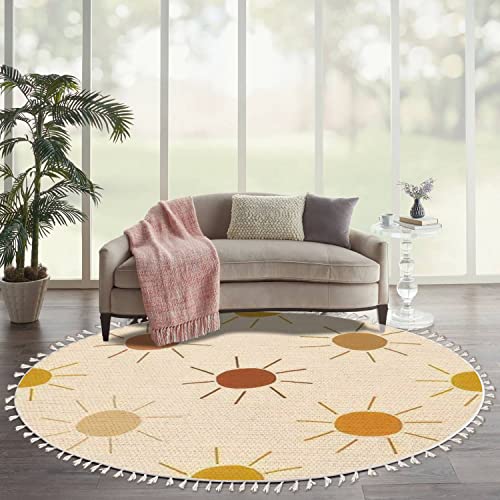 Image of DNEWYNPABV Round Boho Rug Sun only Seamless Sunny dots Summer Baby Print Earthy Warm Trendy Area Linen Carpet Patio Hallway Runner Mat Pad Minimalist Home Decor for Living Room Outdoor, Multi1, 6 ft