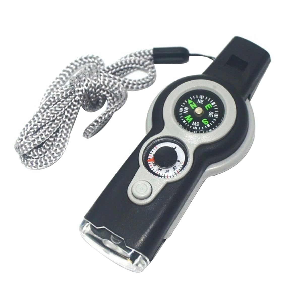 Emergency Whistle 7-in-1 Camping Safety Whistle with Compass Thermometer Light Magnifier Mirror for Emergency Gray.