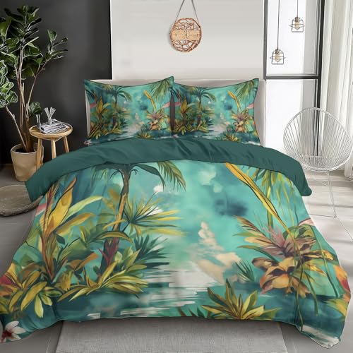 Double 3D Flowering Palm Leaves Duvet Cover Set Microfiber Bedding Set 3 Piece With 2 Pillowcases Tropical Jungle Duvet Cover Set With Zipper,Soft Green Quilt Cover All Season For Child Aldult