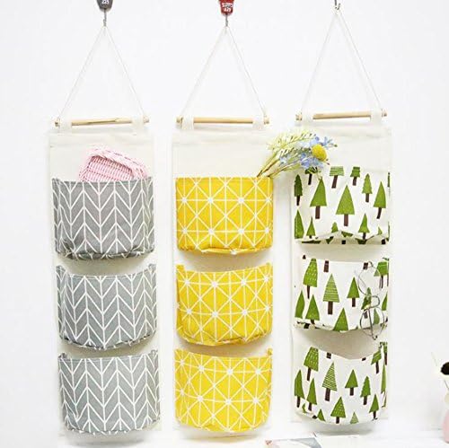 MINGZE Linen Hanging Storage Bag, Wall Mounted 3 Pocket Storage Bag, Over the Door Organizer Storage Bag, Wall-mounted Wardrobe Storage Bag Organizer (Gray geometric pattern)