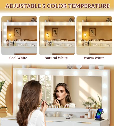 Image of HUAHUU Vanity Desk with Mirror and Lights, 45.3in Makeup Vanity with 7 Drawers & Large Mirror, White Vanity with 3-Color Adjustable Lighting & Power Outlet, Vanity Desk for Bedroom