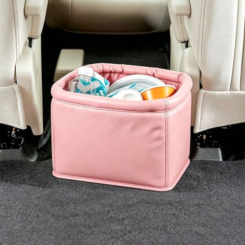 Image of Leather Car Trash Can with Trash Bags, Luxury Car Organizer, Leakproof Garbage Can for Car Truck Interior Storage, Pink
