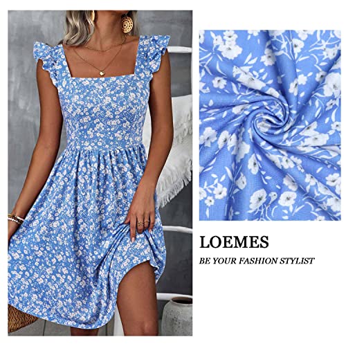 Loemes Cute Summer Dresses For Women Party Casual Blue Flowy Floral Sun Dresses For Women Teen Large Blue Floral #TOP4