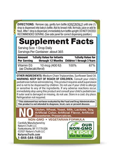 Nature's Truth Vitamin D Drops For Infants | 400 Iu | 9.2 Ml | D3 Drops For Kids | Vegetarian, Non-Gmo, Gluten Free Supplement #TOP5