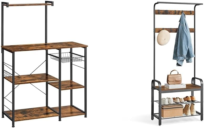 VASAGLE Baker's Rack, Microwave Stand with Wire Basket, 6 Hooks, and Shelves, for Spices, Pots & Coat Rack, Hall Tree with Shoe Bench for Entryway, Entryway Bench with Coat Rack, 4-in-1