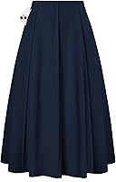 Kate Kasin Women's Pleated High Waisted Midi A-Line Skirt with Pockets - Flowy Fall Knee Length Casual Flared Swing Skirt