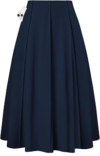 Kate Kasin Women's Pleated High Waisted Midi A-Line Skirt with Pockets - Flowy Fall Knee Length Casual Flared Swing Skirt