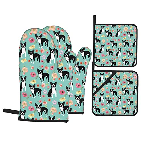Florals Boston Terrier Dogs Oven Mitts And Pot Holders Heat Resistant 4 Pcs Sets Waterproof Non-Slip For Bbq Cooking Baking Grilling #TOP9