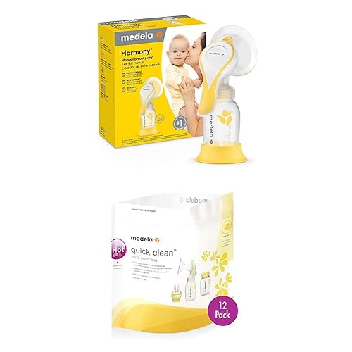 Medela New Harmony Extractor de leche manual con protector de mama flexible y bolsas de microvapor de limpieza rápida, extractor de leche de una
