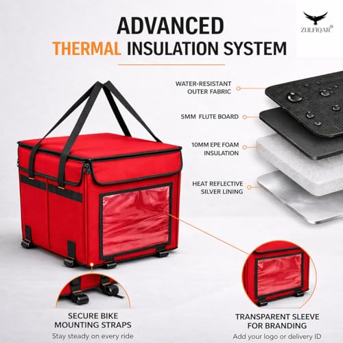 Image of ZULFIQAR Insulated Delivery Bag for Bike, Thermal Food & Grocery Delivery Bag, Waterproof Heavy-Duty Carrier, 15x15x15 Inch (Large 65L - Black) (Red, Large)