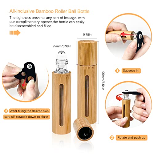 KALYLOC 12Pcs 10ml Bamboo Roll on Bottles for Essential Oils, Refillable Perfume Sample With Stainless Steel Roller, 2Pcs Openers and 2Pcs 3ml Funnels3