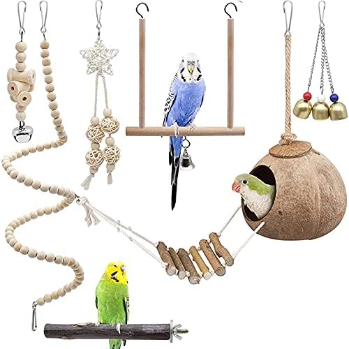 View of 7-pack Bird Parrot Toys, Natural Coconut Bird Cage with Ladder, Hanging ...