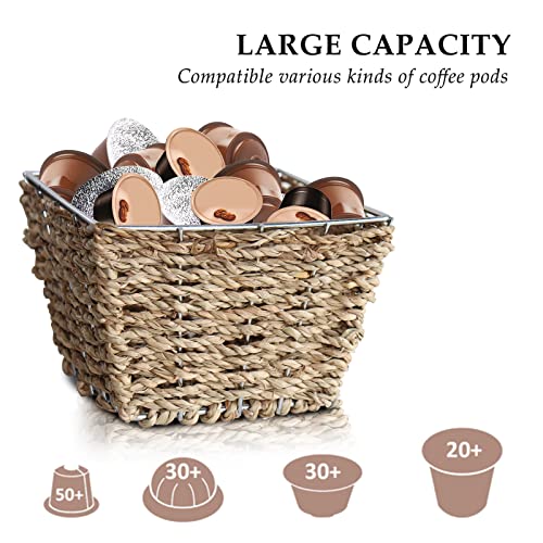 Noki Coffee Pod Holder, Large Capacity K Cup Holder, Seagrass Wrapped Metal Nespresso Pods Holder #TOP1