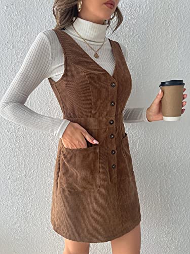 Floerns Women's Sleeveless Zip Up Corduroy Pinafore Overall Dress Mocha Brown Tall L #TOP5