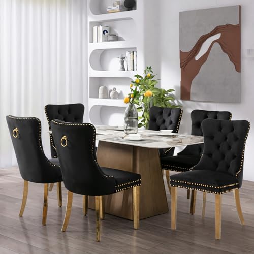 SoarFlash Ensemble de 6 chaises de Salle à Manger en Velours, Chaise tapissée capitonnée avec Bordure en Clous de cuivre, Jambes en Métal plaqué Or pour...