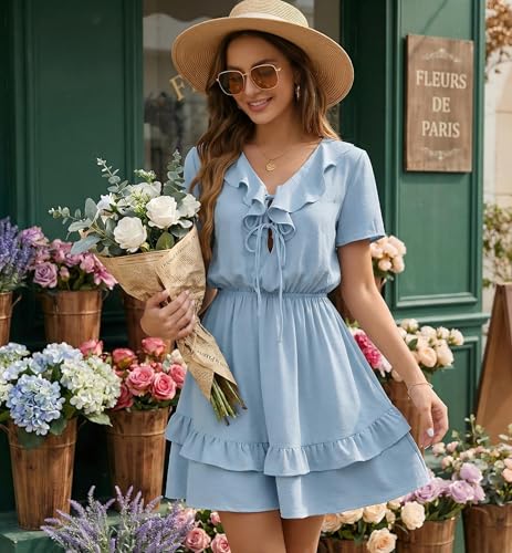 Image of Angashion Womens Tie Front Mini Dress V-Neck Ruffle Hem Summer Pockets