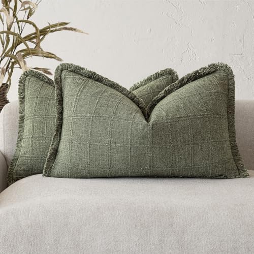 Image of Foindtower Set of 2 Decorative Linen Check Fringe Throw Pillow Covers Farmhouse Lumbar Cushion Covers Modern Boho Home Decor for Sofa Chair Couch Bedroom Living Room,12x20 Inch,Olive Green