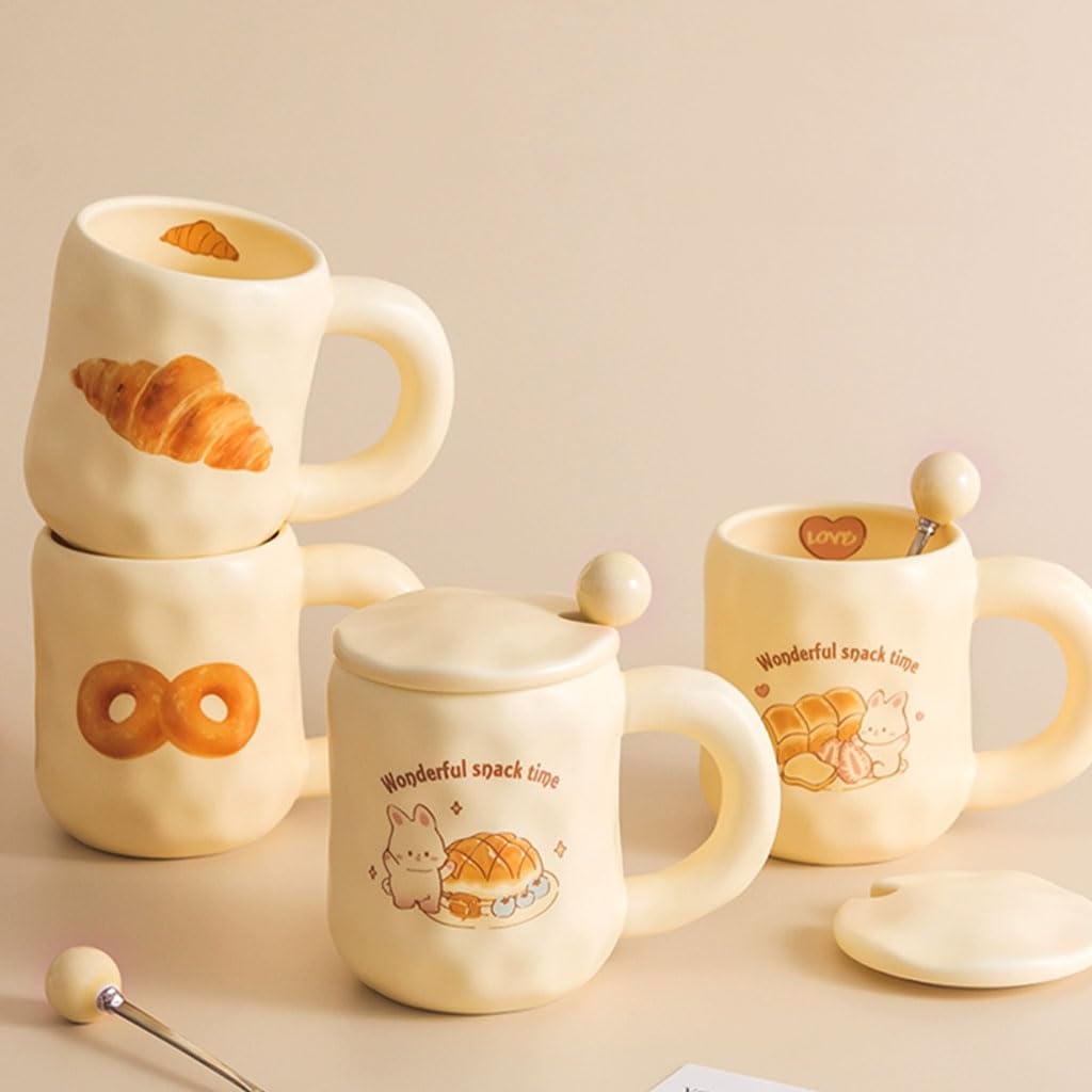 Juego de Tazas de café de cerámica Color Caqui, Redondas, Grandes, con Tapa y Cuchara, para Oficina, para Hombres y Mujeres, 480 ml/16,2 oz