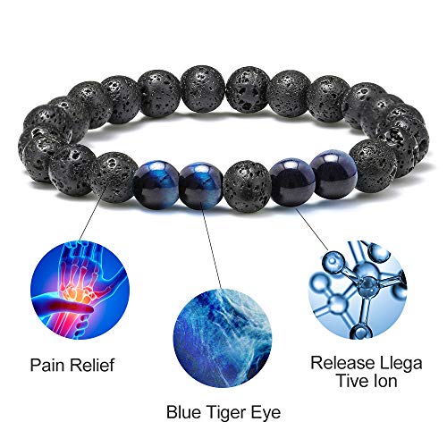 M Mooham Natural Bead Bracelet, Gem Semi Precious Stone Round Bead Black Lava Rock Blue Tiger Eye Beads Bracelet, Men Women Stress Relief Adjustable Bracelet Energy Stone Bracelet #TOP3