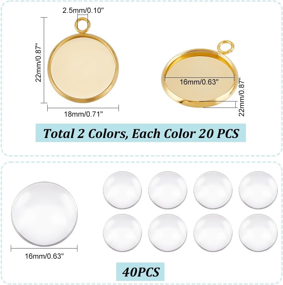 UNICRAFTALE 40Pcs 2 Colors 304 Stainless Steel Pendant Cabochon Settings Plain Edge Bezel Cups 16mm Tray Flat Round Pendant Making Kit with 40Pcs Transparent Glass Cabochons for Jewelry Making - Image 3