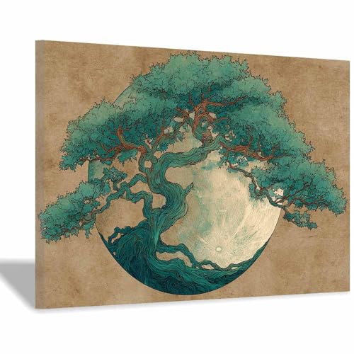 Tableau arbre de vie 50x70cm vert avec cadre pour décoration salon et bureau