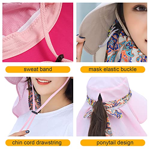 Image of Women Wide Brim Face Mask Sun Hat Detachable Neck Face Flap Ponytail UV Protection Visor Hat Garden Fishing Hiking