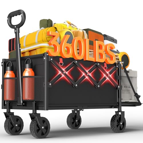 360LBS Collapsible Wagons Carts Foldable 120L Heavy Duty Folding Beach Wagon Cart with Wheels and Tailgate Portable Utility Outdoor Wagon for Grocery Shopping Garden Sports Camping