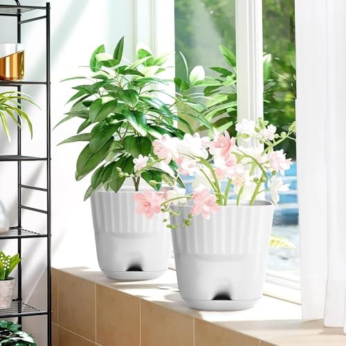 Image of StyleX Store Pack of 5 Self Watering Flower Pot, Indoor Outdoor Modern Plant Pot with Integrated Water Tray for Home Balcony Garden Office, Square Decorative Pot for Plants Succulents Herbs (White)
