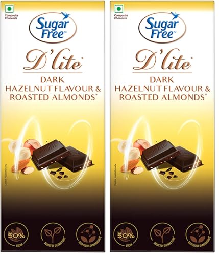 Image of Sugar Free D'lite Dark Chocolate | Hazlenut & Almonds Dark Chocolate Bar | Pack Of 2 (80 Gram) | No Added Sugar | Keto Friendly & Vegan | Gluten Free | Guilt Free Extreme Delight With 50% Cocoa