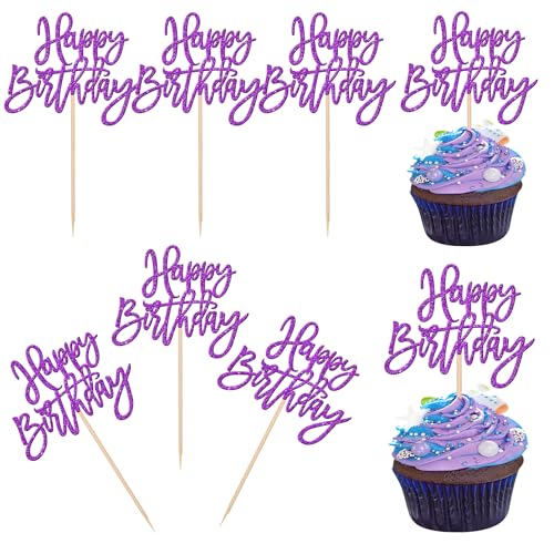 24 PCS Glitter Happy Birthday Cupcake Toppers - Purple Cupcake Picks for Celebrating Anniversary Theme Party Cake Decorations