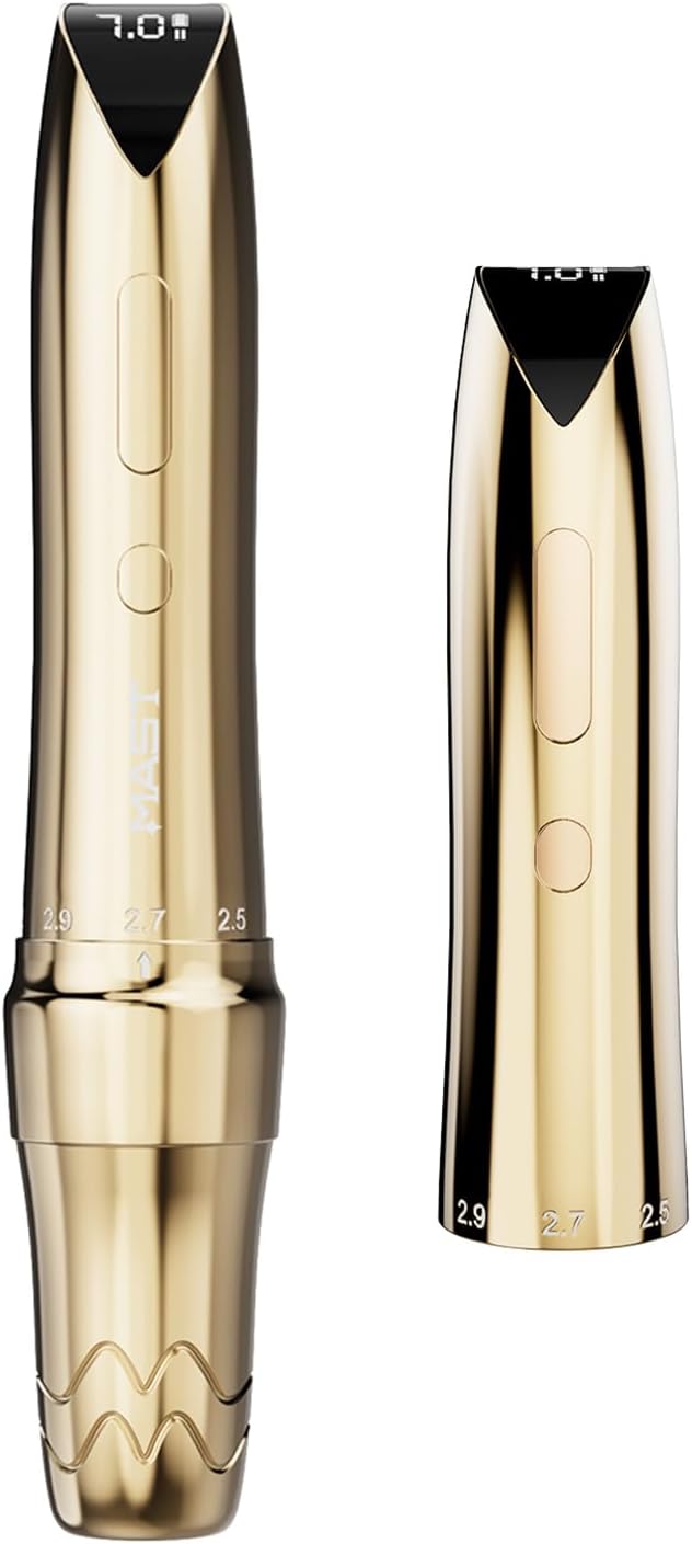 Mast P60 Tattoo Gun Machine, Wireless Tattoo Pen, 5 Strokes Length 2.2mm - 3.2mm, 121g/4.2oz, 2 Batteries, Gold Color