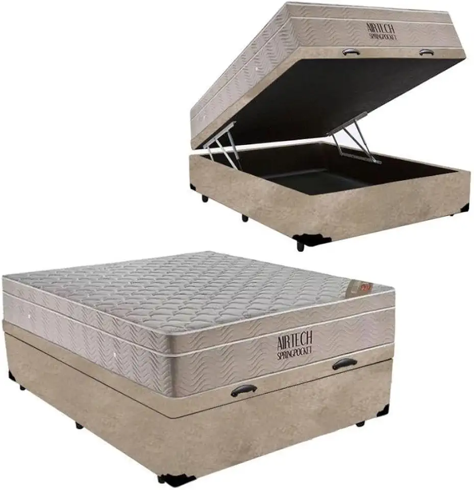Cama Box Baú + Colchão de Molas Ensacadas - AirTech SpringPocket - Ortobom (Bege, Casal)