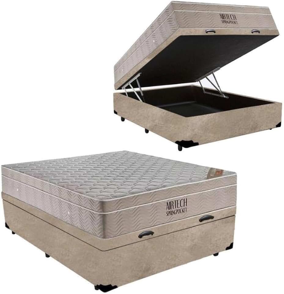 Cama Box Baú + Colchão de Molas Ensacadas - AirTech SpringPocket - Ortobom (Bege, Casal)