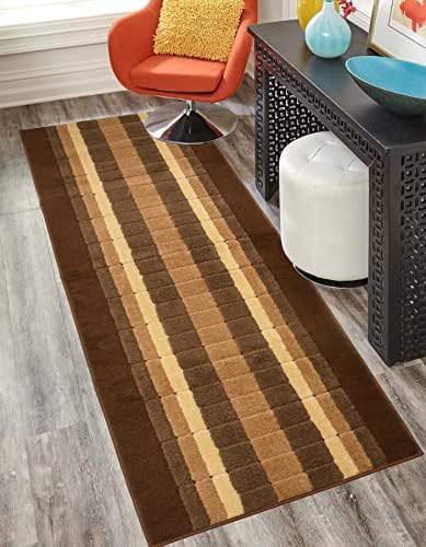 Washable Custom Size Runner Rug Squares Geometric Design Squares Brown, (12 Feet Length x 26 Inch Width) Custom Cut Slip Resistant Rubber Backing Runner Rugs, Extra Long Runner Rugs for Hallways