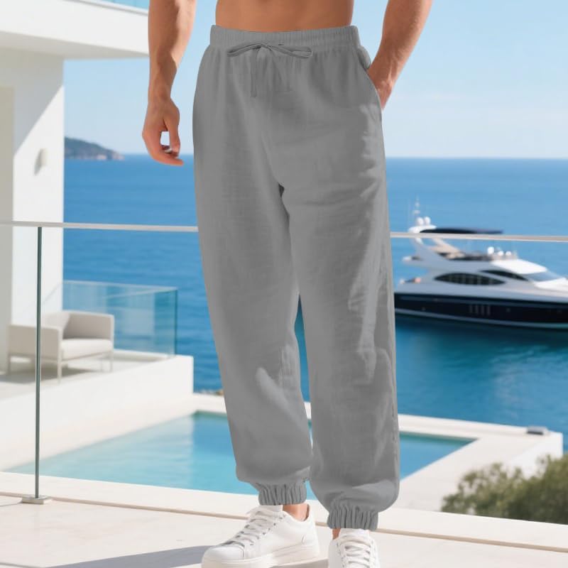 Men's Linen Joggers Summer Beach Lightweight Drawstring Yoga Pants with Pockets & Elastic Cuffs - Image 2