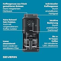 Severin Filter-Kaffeemaschine mit Glaskanne, individueller Mahlgrad, 10 Tassen, 1,25L, Tropfstopp, inkl. Löffel, Permanentfilter, Reinigungsbürste, automatische Abschaltung, 1000W, schwarz, KA 9215 – Ansicht 3