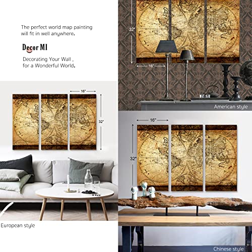 Decor Mi Vintage World Map Canvas Wall Art Prints Stretched Framed Ready To Hang Map Artwork World Map Wall Decor For Living Room Bedroom Office 16"X32" 3Pcs #TOP7