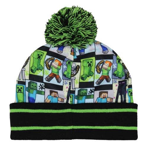 Minecraft Sublimated Character Graphic Kid's Novelty Knit Cuff Pom Pom Beanie Winter Hat Cold Weather OSFM Boy's Girl's Multicolored3