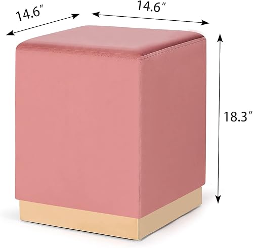 Miniatura 4 de Homebeez Taburete otomano cuadrado rosa de 14.6 pulgadas de ancho con ribete dorado, taburete acolchado suave y compacto, ideal para la sala de