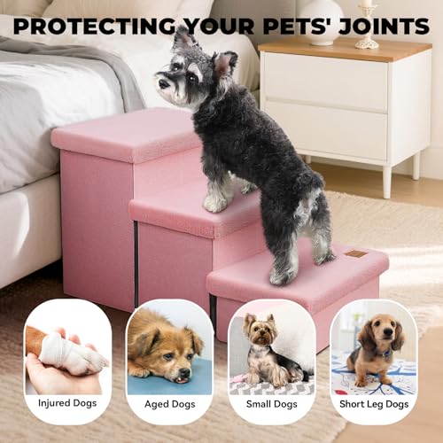 Image of Dog Stairs with Furry Lids 18 inch H, 3-Step Wider Dog Steps with Storage for Small /Medium /Large Dogs Cats, Folding Sturdy Pet Stairs Climbing Bed or Sofa, Ramp for Car Hold Up to 200 lbs, Pink